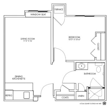 A floor plan for a one-bedroom apartment, including a living room, kitchen, and bathroom.