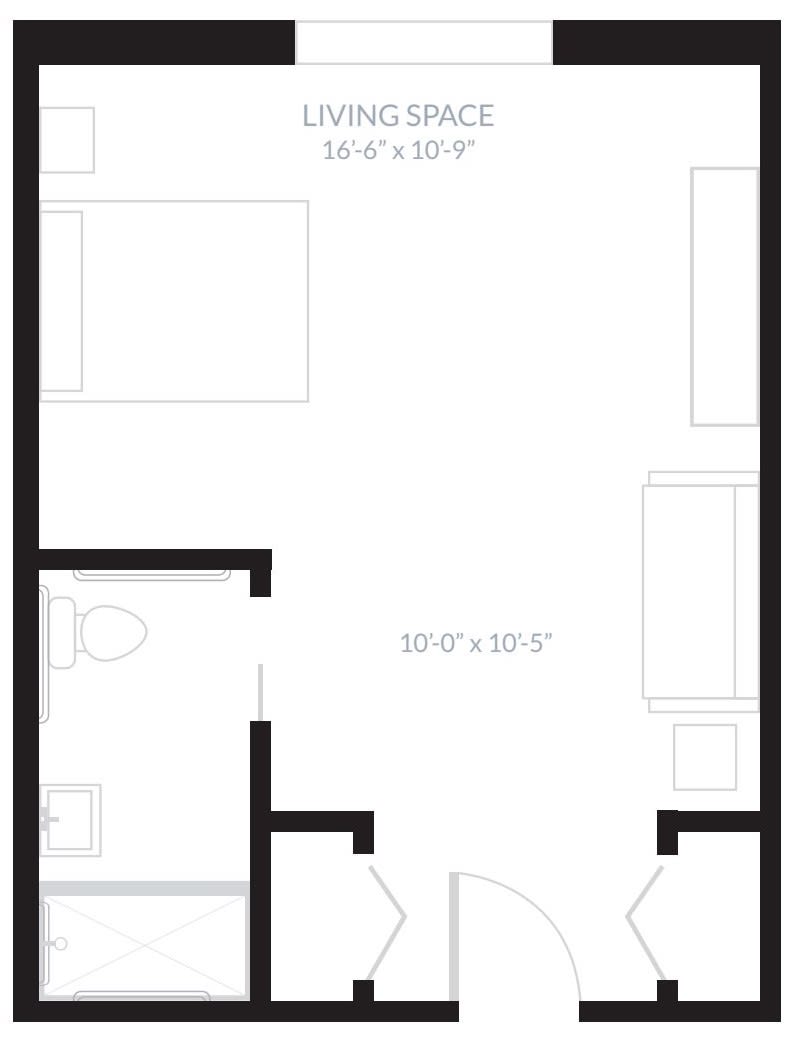 A floor plan depicting the layout of a room with labeled dimensions.