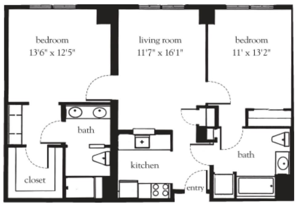 A floor plan illustrating the layout of an apartment with two bedrooms, a living room, kitchen, and bathrooms.
