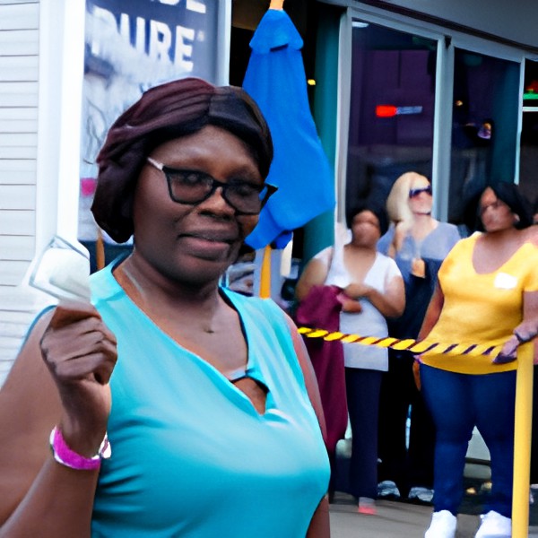 A woman holding a ticket, smiling while standing in line outdoors.