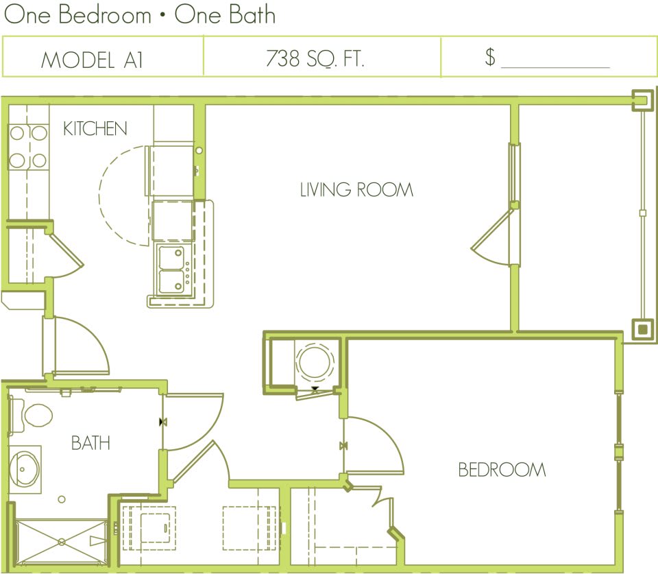 Floor plan of a one-bedroom, one-bathroom apartment model.