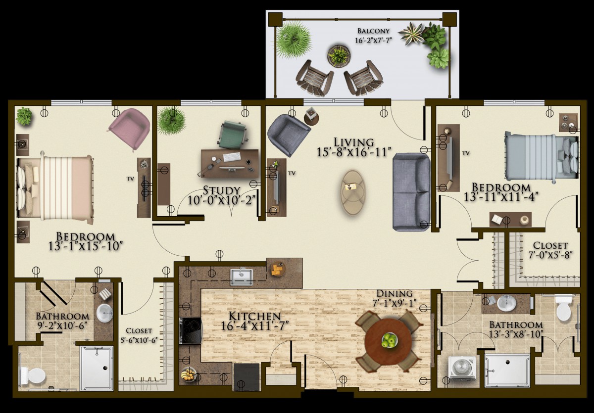 A detailed floor plan of a two-bedroom apartment including a living room, kitchen, dining area, and balcony.