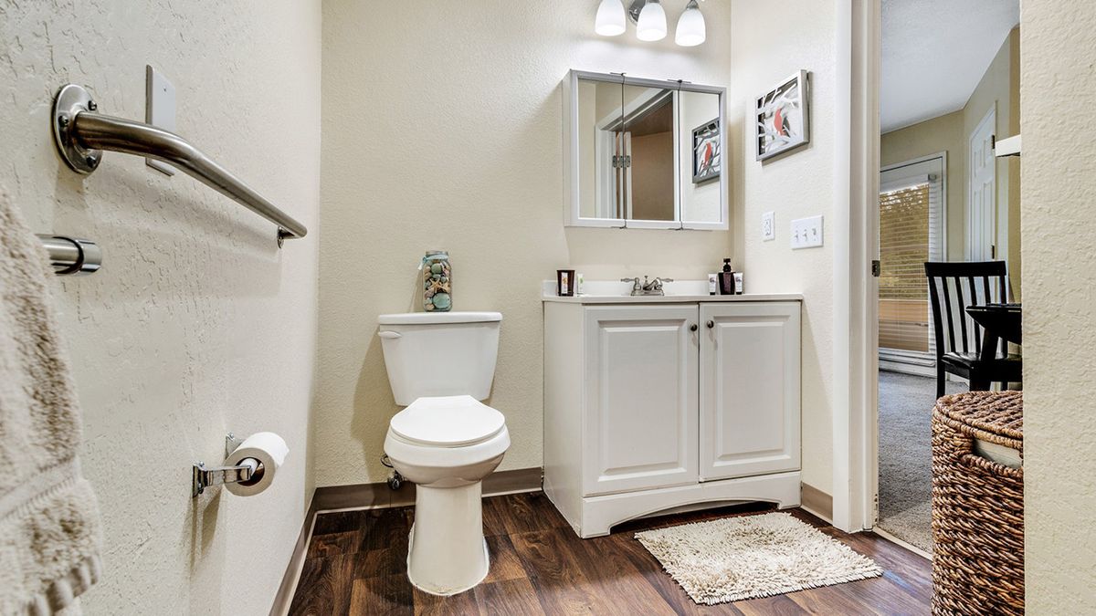 A well-organized bathroom with a toilet, vanity sink, and mirrored cabinet.
