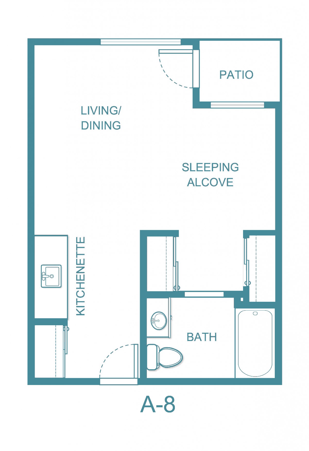 Floor plan of a studio apartment with a sleeping alcove, kitchenette, living/dining area, and patio.
