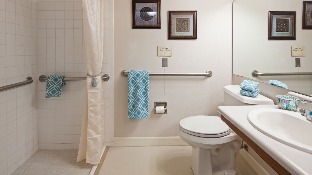 A clean, accessible bathroom with grab bars, artwork on the walls, and a neatly hung blue towel.