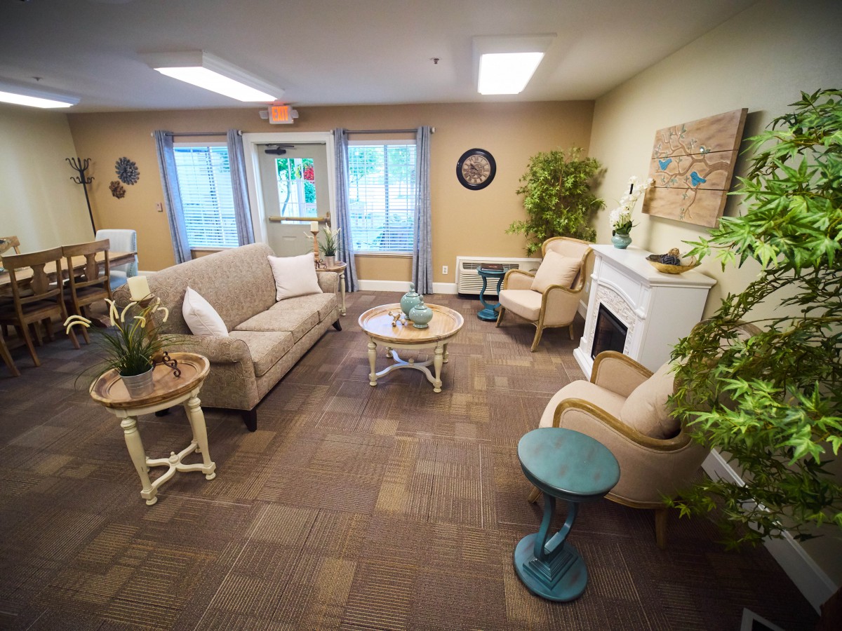A cozy living room with comfortable seating, a fireplace, and decorative elements.