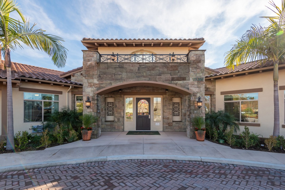 A beautiful house exterior with a stone facade and arched entryway, surrounded by palm trees.