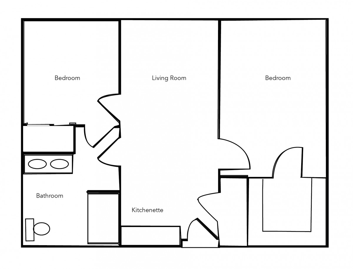 A simple floor plan layout of an apartment featuring two bedrooms, a living room, bathroom, and kitchen.