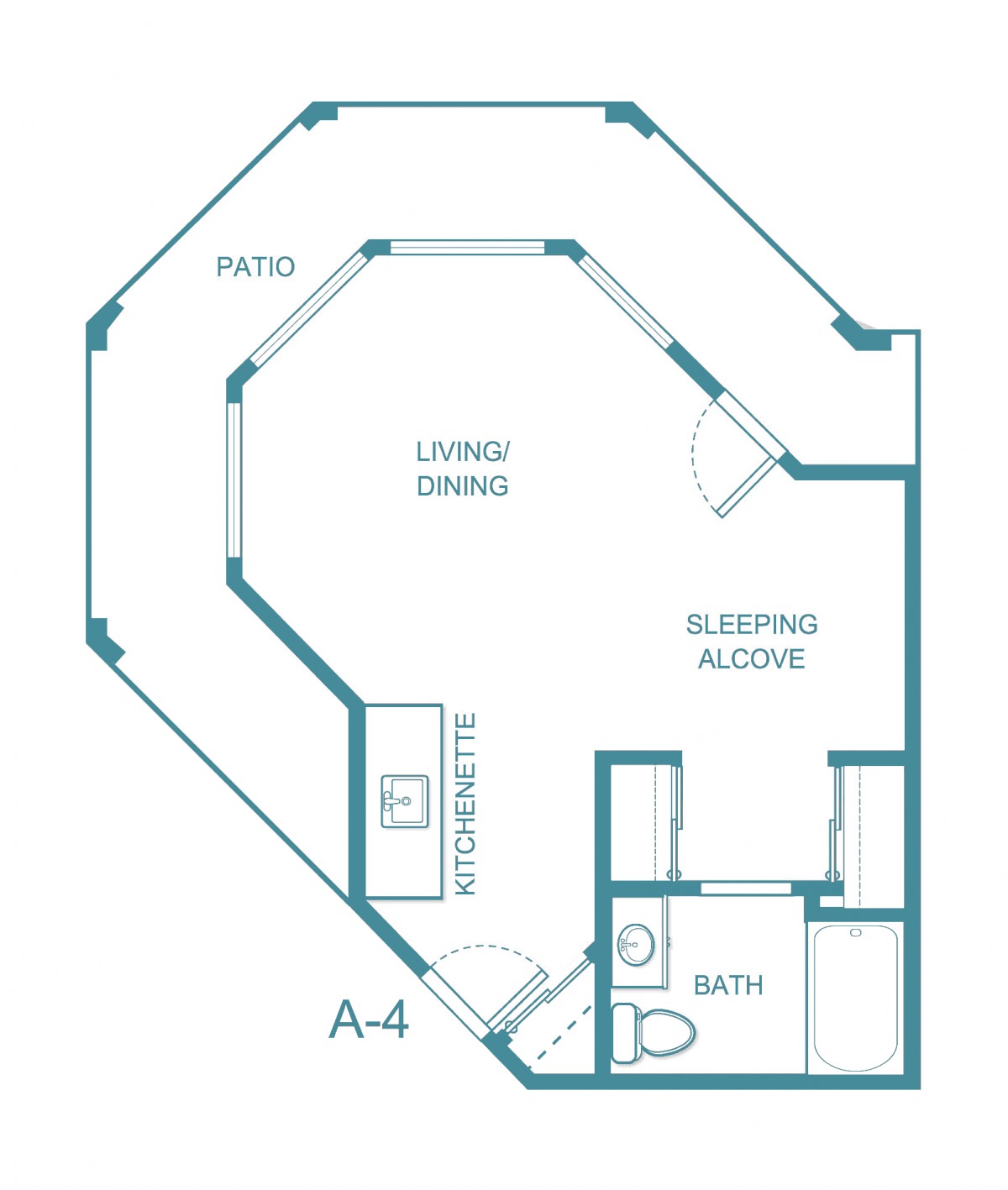 Floor plan of a studio apartment with living/dining area, sleeping alcove, and bath.