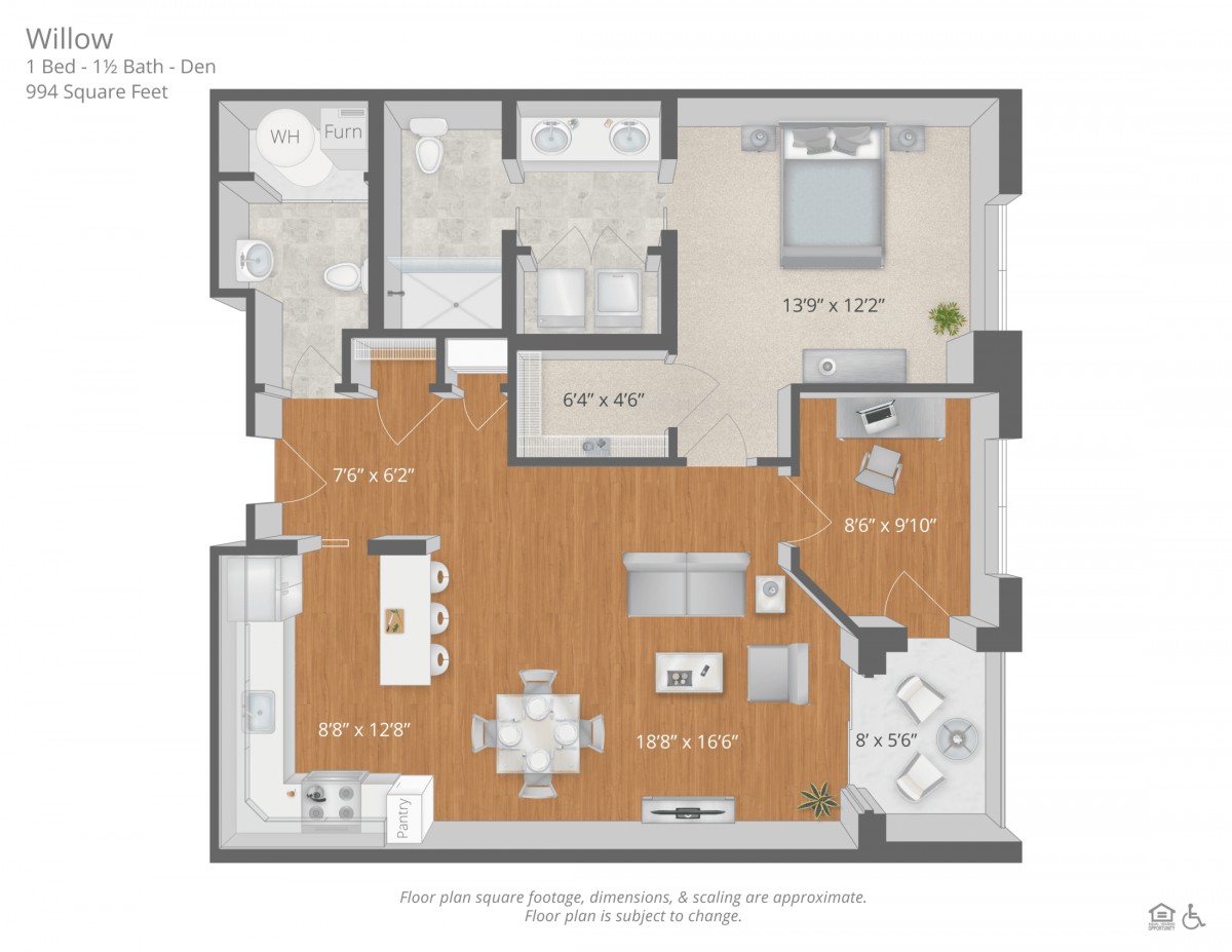 A detailed floor plan of a modern two-bedroom apartment, showcasing the layout and arrangement of rooms.