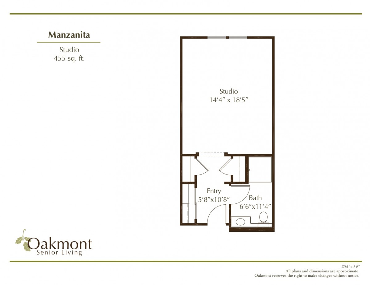 Studio apartment floor plan with dimensions.