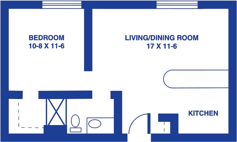 A simple floor plan illustrating the layout of an apartment with a bedroom, living/dining room, kitchen, and bathroom.