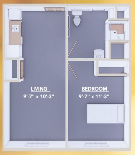 A simple floor plan featuring a living room and bedroom with measurements.