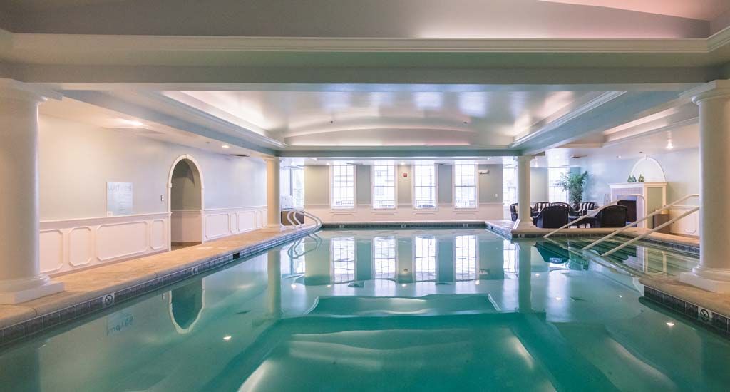 An indoor swimming pool with large windows and a serene ambiance.