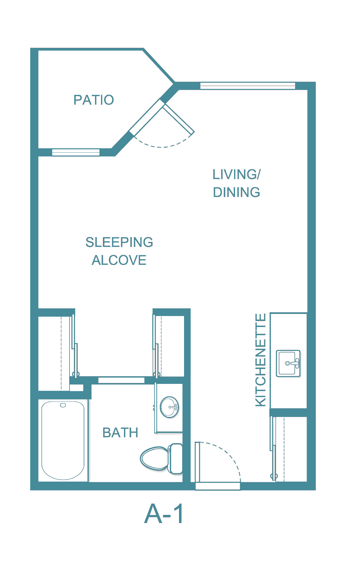 A floor plan of a studio apartment featuring a living/dining area, sleeping alcove, kitchenette, and bathroom.