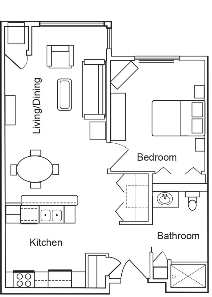 This image shows a floor plan of a one-bedroom apartment, featuring a living and dining area, kitchen, bathroom, and bedroom.