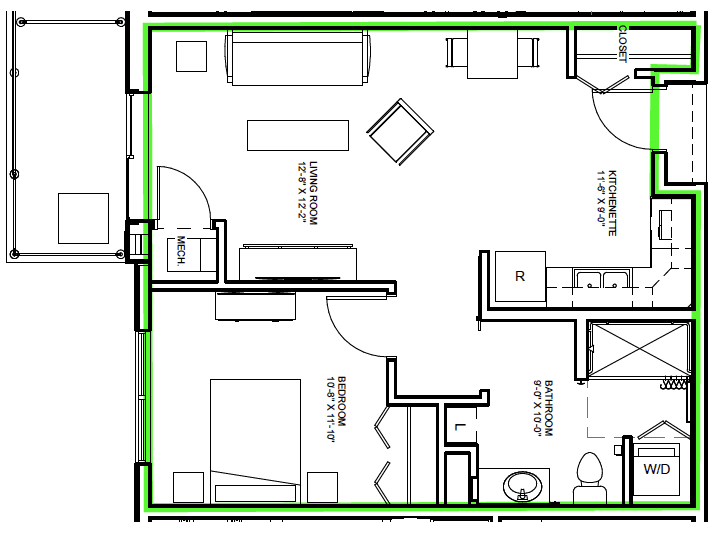 A floor plan of a one-bedroom apartment with living area, kitchen, and bathroom.