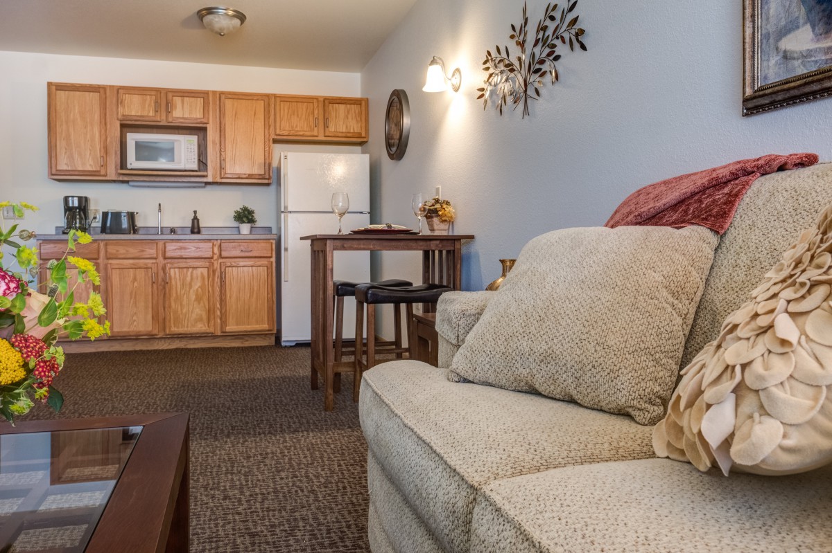 A cozy living space featuring a sofa and a kitchen area with wooden cabinets.