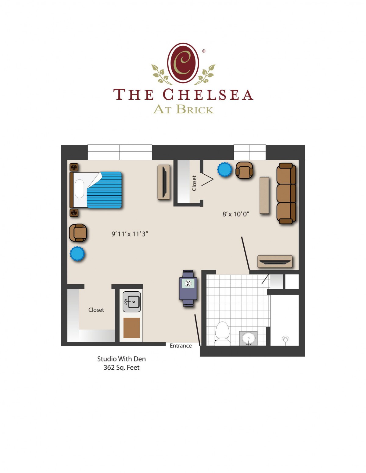 Floor plan for a studio apartment at 'The Chelsea at Fanwood' featuring a living area, kitchen, and bathroom.