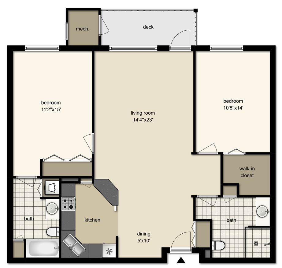 A detailed floor plan of a two-bedroom apartment with a kitchen, living room, bathroom, and balcony.