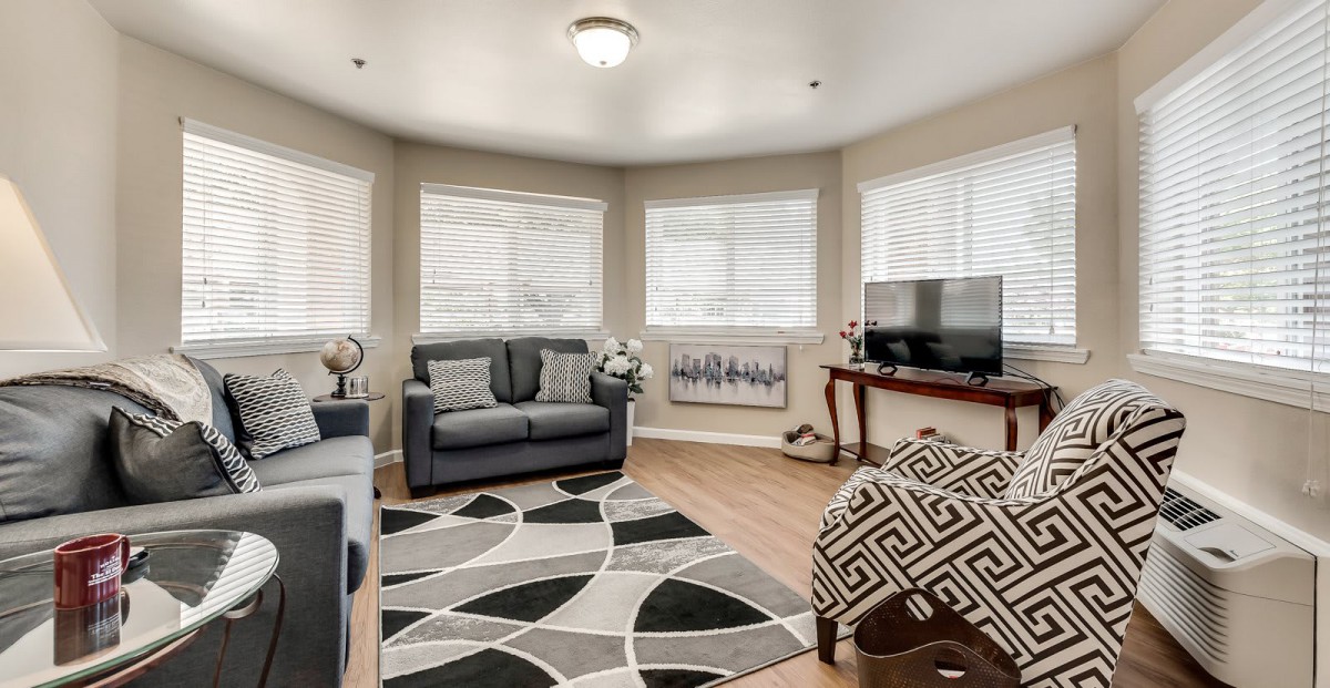 A cozy living room with modern decor, featuring a sofa, patterned rug, and a television.