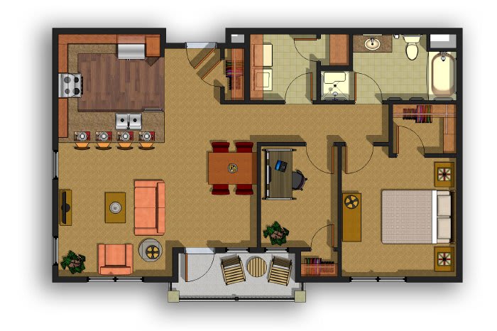 A detailed floor plan of a two-bedroom apartment featuring a kitchen, living room, dining area, and bathroom.