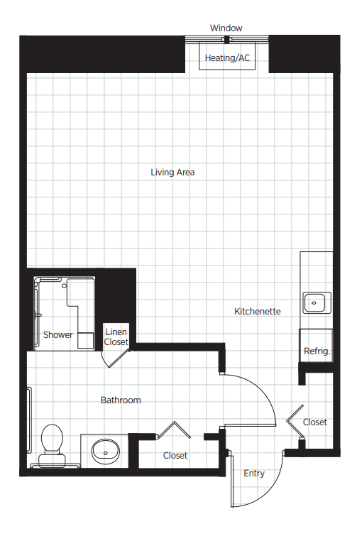 A floor plan of a studio apartment with designated living area, kitchen, bathroom, and closet space.
