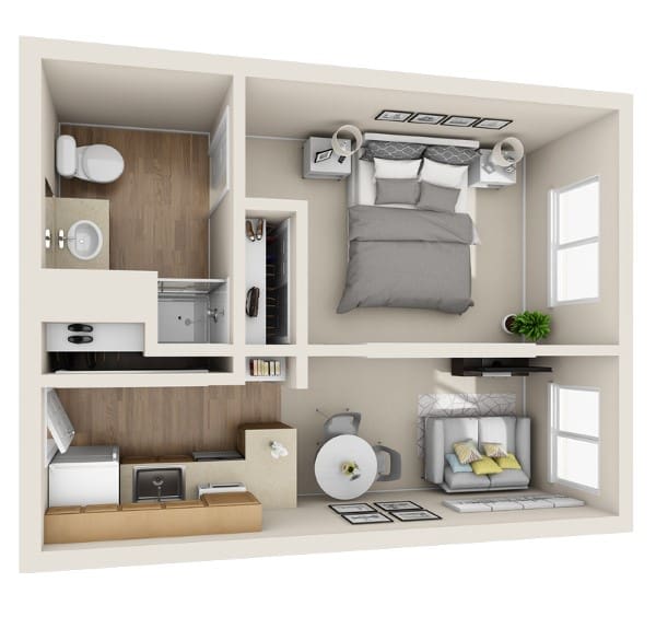 A 3D rendered floor plan of a compact one-bedroom apartment with essential furnishings.