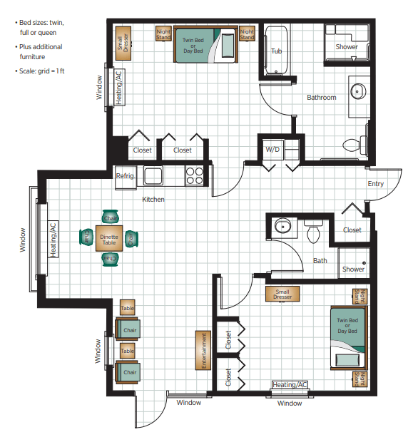 A detailed floor plan showing a two-bedroom apartment with a kitchen, living room, and bathroom.