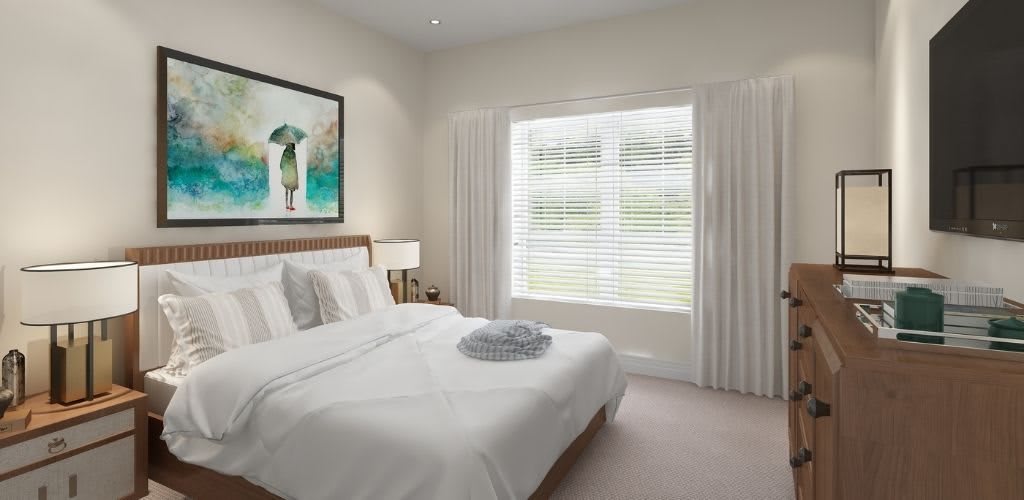 A minimalist bedroom with a neatly made bed, artwork on the wall, and natural light filtering through a window with blinds.
