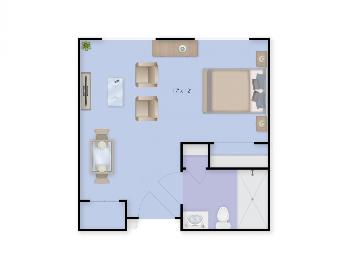 A simple one-bedroom apartment floor plan with living area and bathroom.