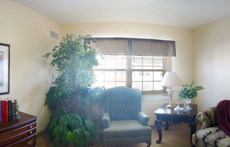 A cozy living room corner with an armchair, indoor plants, and a table near a window.