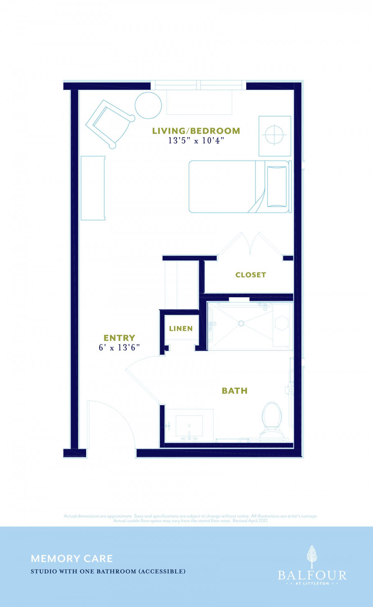 Floor plan of a studio apartment with kitchen, living/sleeping area, bath, and closet.