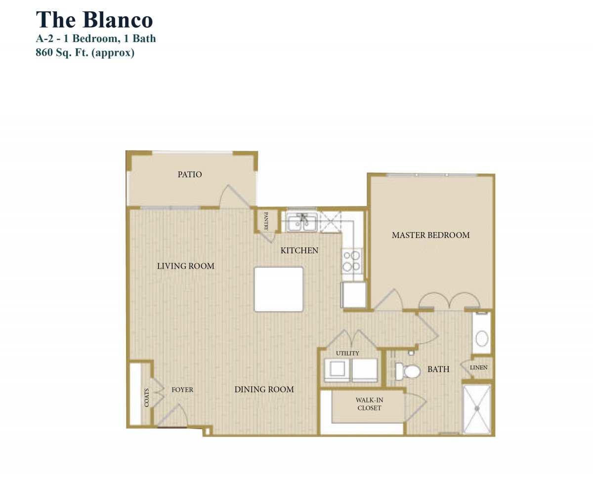 The Blanco apartment floor plan with one bedroom and one bathroom.