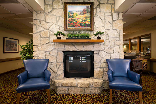A cozy living room featuring a stone fireplace, blue chairs, and decorative plants.