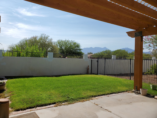 A serene backyard view with lush green grass and distant mountains under a clear blue sky.