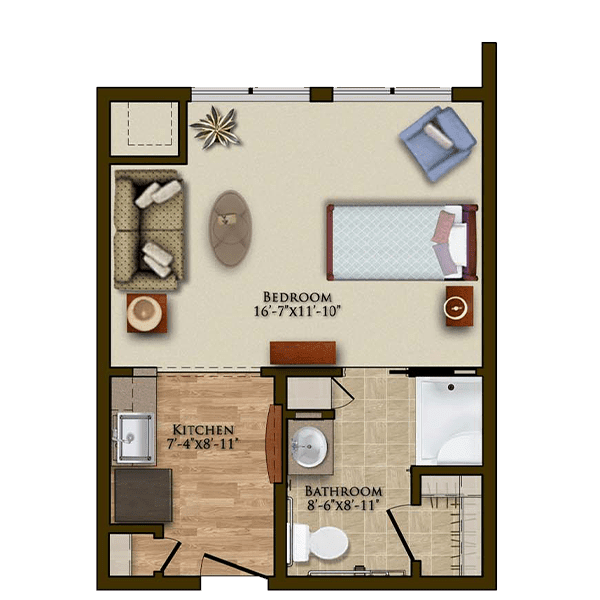 A floor plan of a one-bedroom apartment with designated living, sleeping, and kitchen areas.