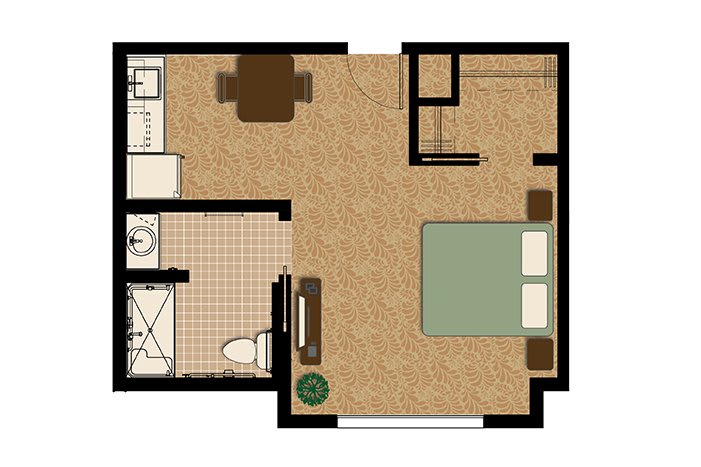 A floor plan of a one-bedroom apartment with a bathroom, kitchen, and living area.