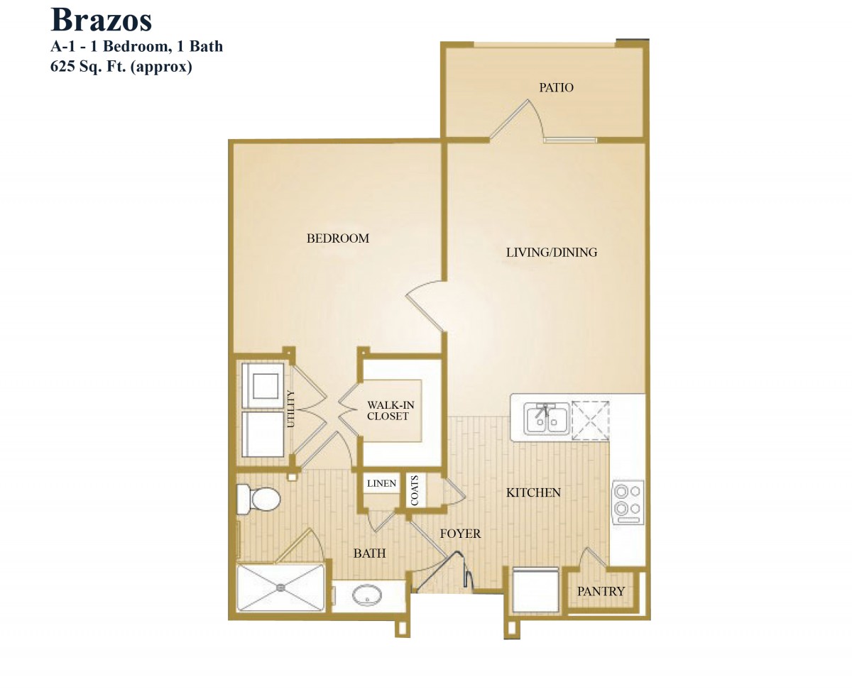 Floor plan of a one-bedroom, one-bathroom apartment with a kitchen and living area.