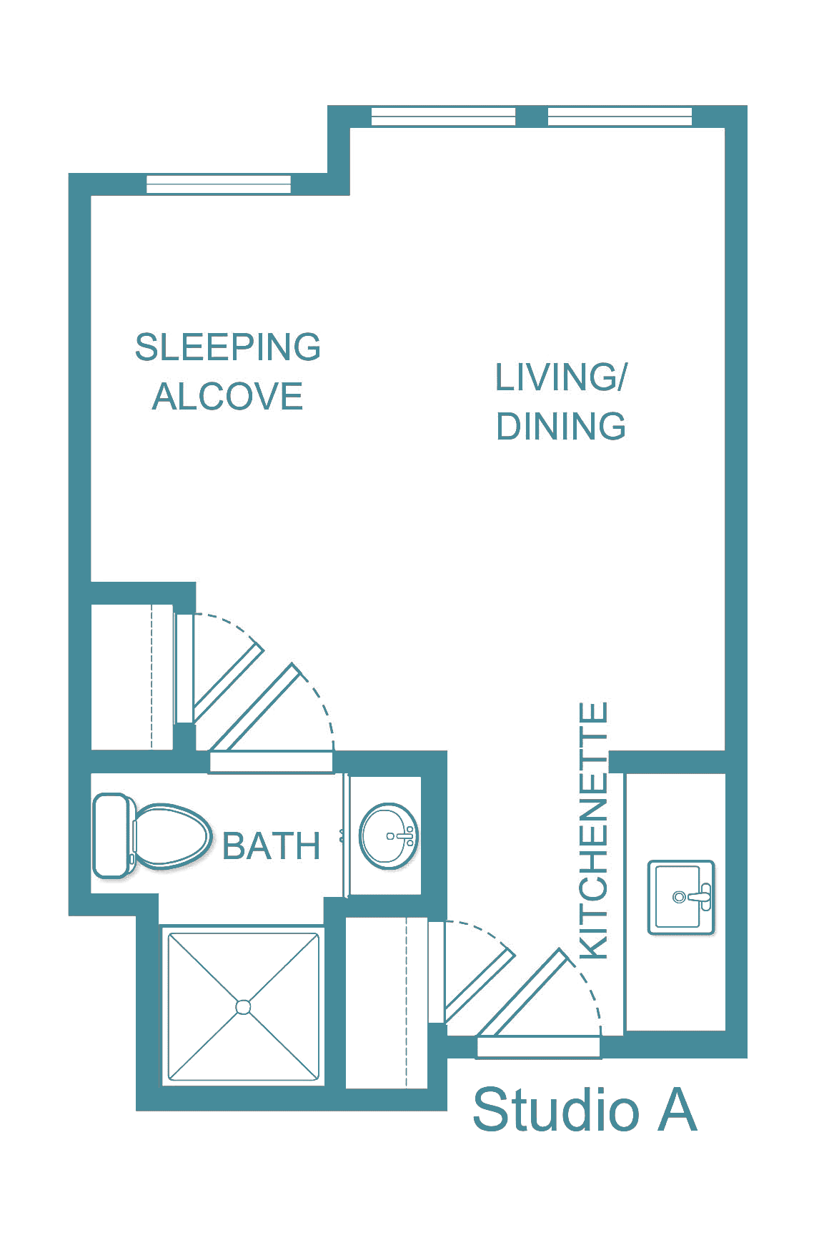 Studio apartment floor plan with a sleeping alcove, living/dining area, kitchenette, and bath.