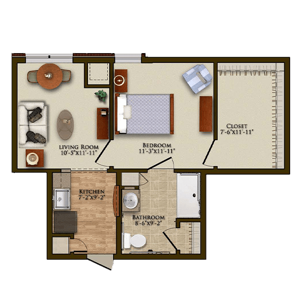 A floor plan of a one-bedroom apartment including a living room, kitchen, and bathroom.