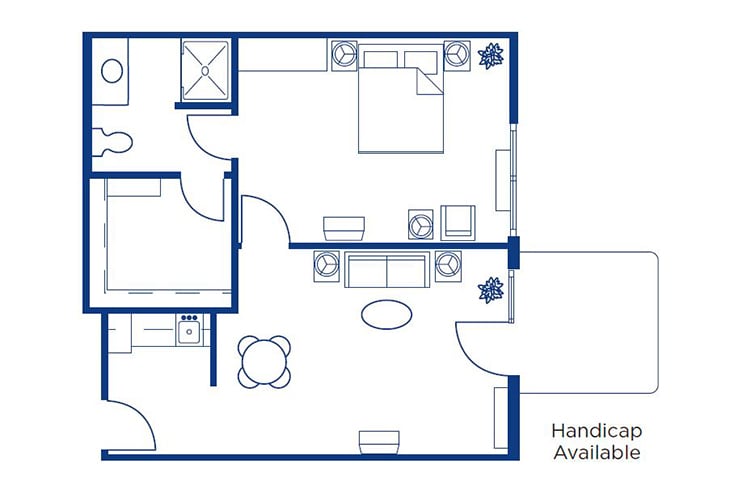 A simple floor plan of an apartment, showcasing the arrangement of rooms and furniture.