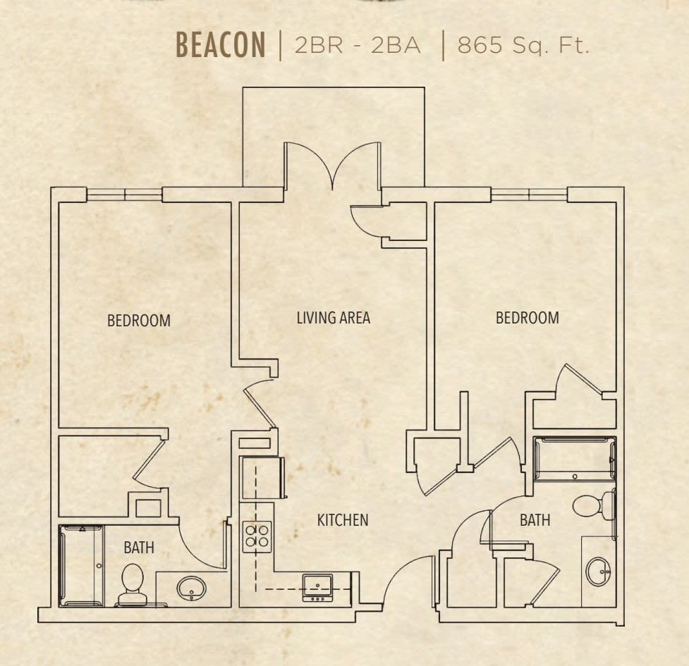 A detailed floor plan of a two-bedroom apartment with designated areas for the living room, kitchen, and bathrooms.