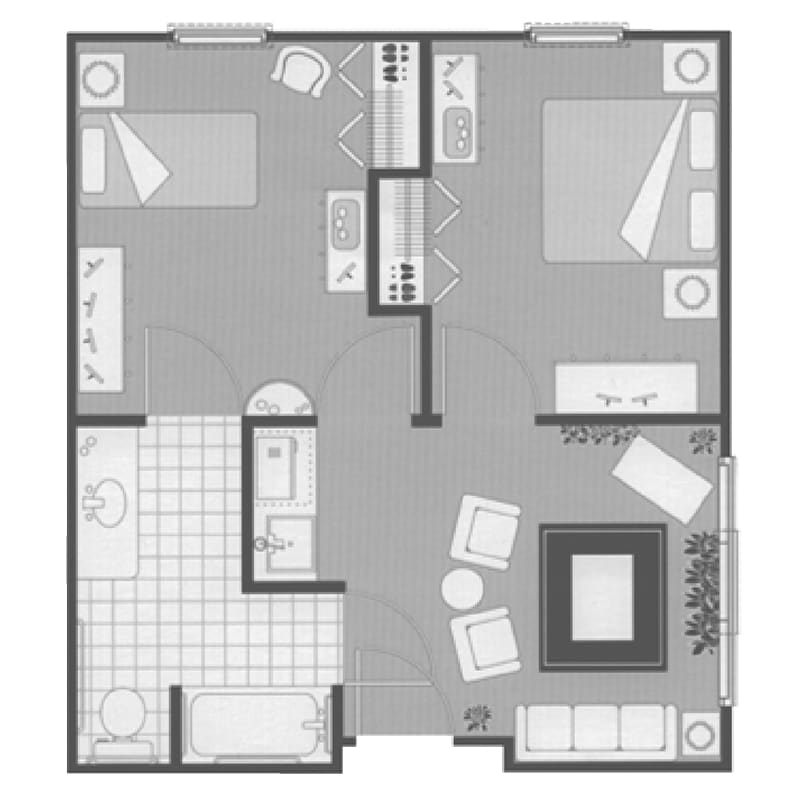 Detailed floor plan of a two-bedroom apartment with living area and kitchen.
