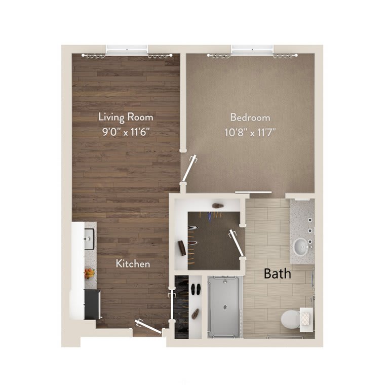A floor plan of a one-bedroom apartment featuring a living room, kitchen, and bathroom.