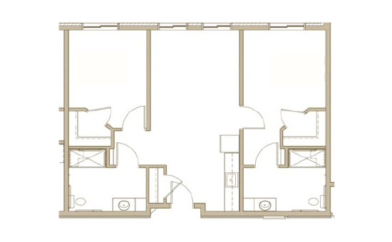 A floor plan showing the layout of two adjacent rooms, each with a private bathroom.