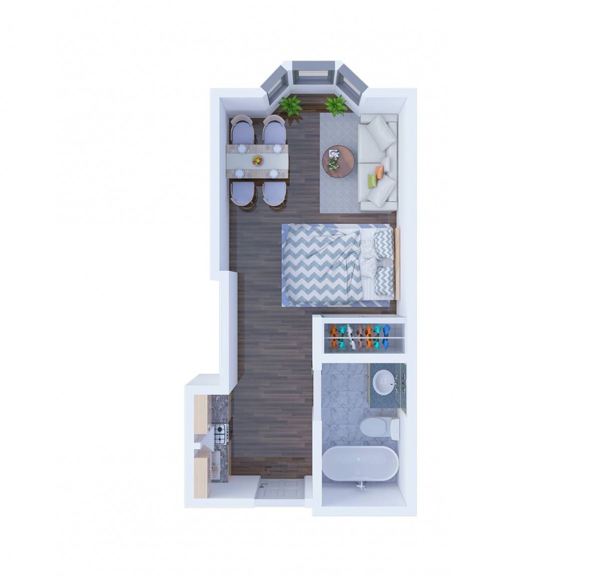 A floor plan of a one-bedroom apartment with a living area, bathroom, and bedroom.