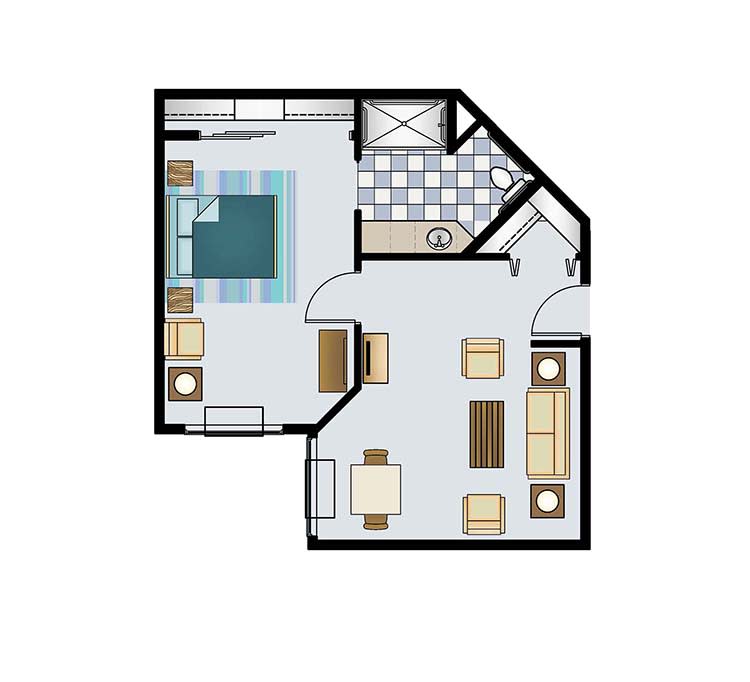 One-bedroom apartment floor plan with living room, kitchen, and bathroom.