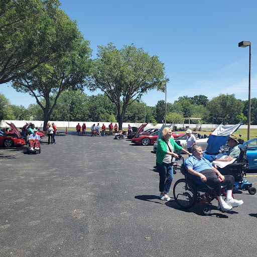 A vibrant community car show under a clear blue sky, showcasing classic vehicles and lively interactions among attendees.
