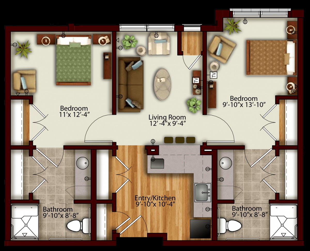A two-bedroom apartment floor plan with labeled room dimensions and a central living area.